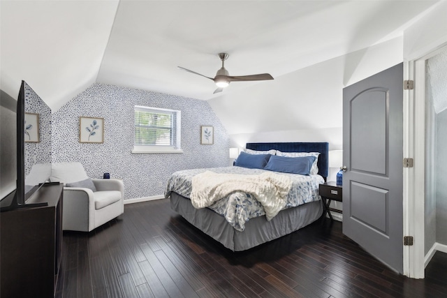 2222 Ravenwood Dr, Grand Prairie, TX 75050 - bedroom featuring wallpapered walls, vaulted ceiling, wood-type flooring, baseboards, and ceiling fan