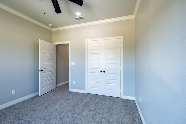 14835 Fallow Ln, Tyler, TX 75706 - unfurnished bedroom featuring carpet flooring, visible vents, a closet, and ornamental molding