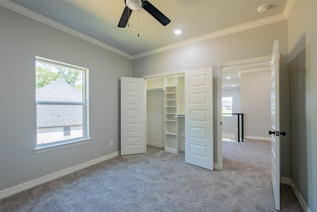 14835 Fallow Ln, Tyler, TX 75706 - unfurnished bedroom with crown molding, a closet, ceiling fan, carpet, and baseboards