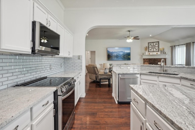 kitchen featuring a sink, open floor plan, a ceiling fan, dark wood finished floors, and appliances with stainless steel finishes