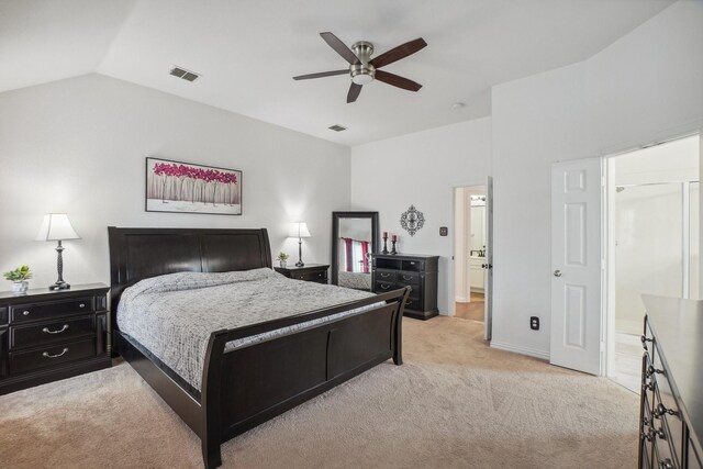 bedroom with ceiling fan, visible vents, vaulted ceiling, baseboards, and light carpet