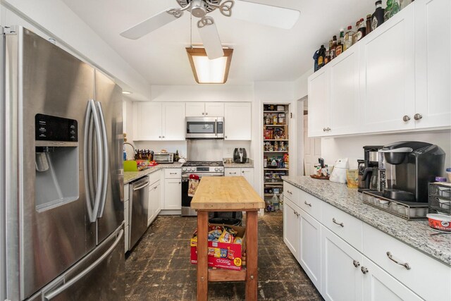 kitchen with white cabinetry, ceiling fan, a healthy amount of sunlight, and stainless steel appliances