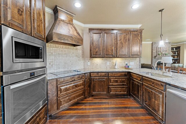 kitchen with stainless steel appliances, a sink, premium range hood, dark wood-type flooring, and crown molding