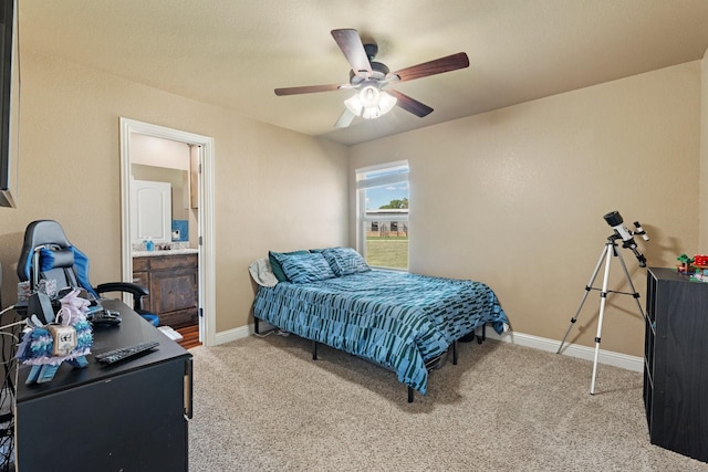 bedroom featuring baseboards, carpet floors, and ceiling fan