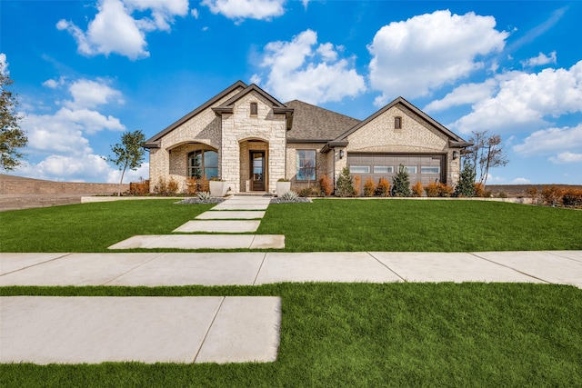 french provincial home with stone siding and a front lawn