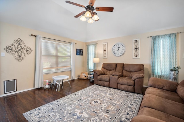 living room with lofted ceiling, baseboards, a ceiling fan, and wood finished floors
