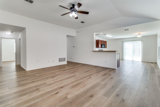 unfurnished living room with a ceiling fan, light wood finished floors, and visible vents
