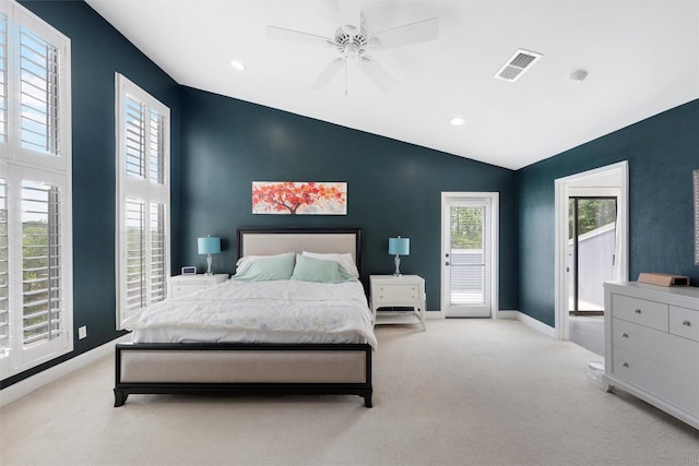 carpeted bedroom featuring vaulted ceiling, baseboards, visible vents, access to outside, and ceiling fan