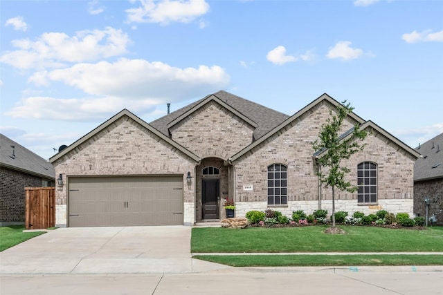 french provincial home featuring concrete driveway, fence, brick siding, a garage, and a front yard
