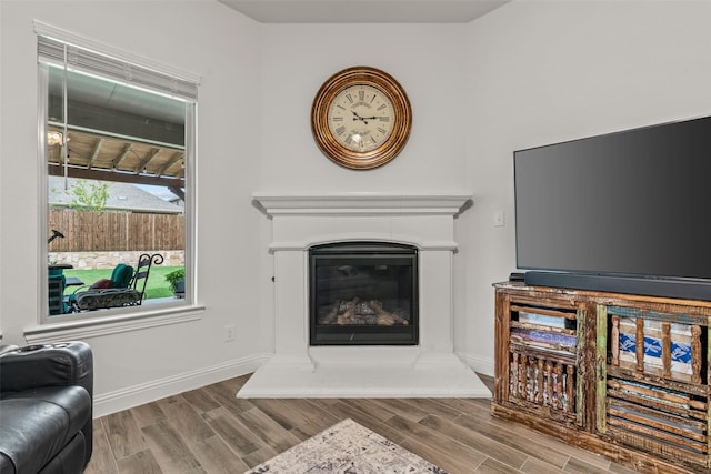 living area featuring a glass covered fireplace, baseboards, and wood finished floors