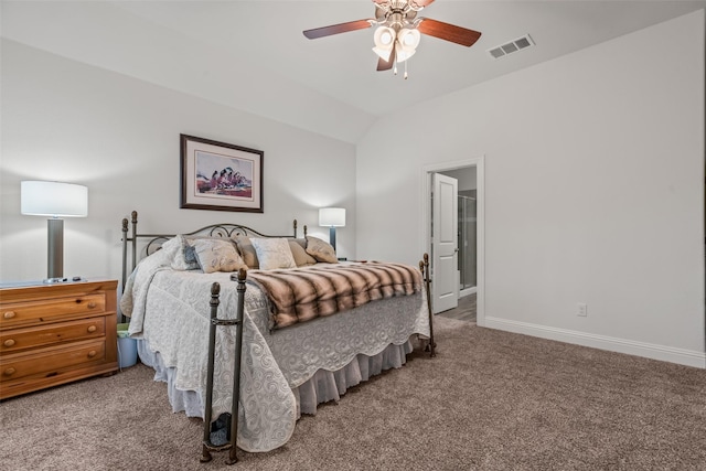 bedroom featuring carpet flooring, vaulted ceiling, baseboards, visible vents, and a ceiling fan