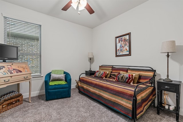 bedroom featuring ceiling fan, carpet floors, and baseboards