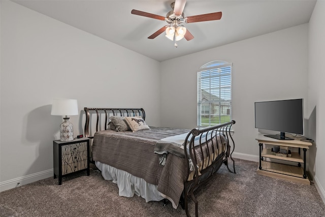 bedroom featuring carpet floors, a ceiling fan, and baseboards