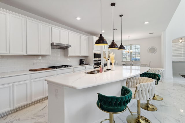 1313 Canuela Way, Justin, TX 76247 - kitchen with stainless steel appliances, a sink, recessed lighting, marble finish floor, and a breakfast bar area