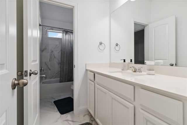 1313 Canuela Way, Justin, TX 76247 - bathroom featuring marble finish floor, toilet, vanity, shower / tub combo with curtain, and baseboards