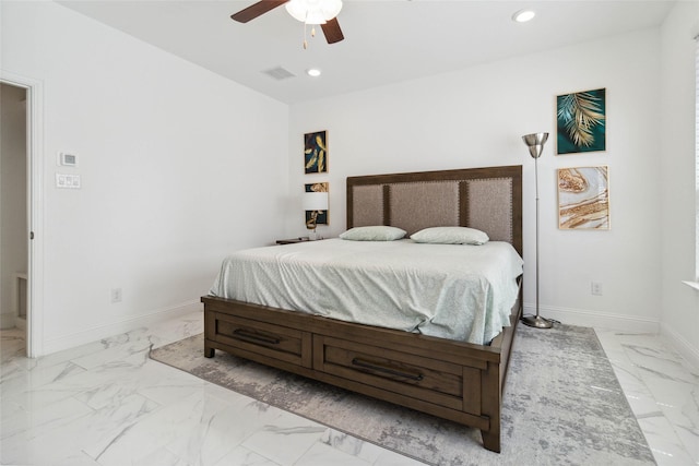 1313 Canuela Way, Justin, TX 76247 - bedroom featuring a ceiling fan, marble finish floor, baseboards, visible vents, and recessed lighting