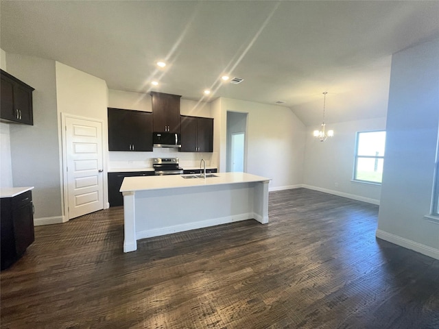 6109 Rodin Dr, Royse City, TX 75189 - kitchen with stainless steel electric stove, a chandelier, light countertops, and a sink