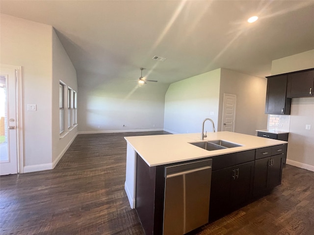 6109 Rodin Dr, Royse City, TX 75189 - kitchen with vaulted ceiling, stainless steel dishwasher, a sink, light countertops, and visible vents