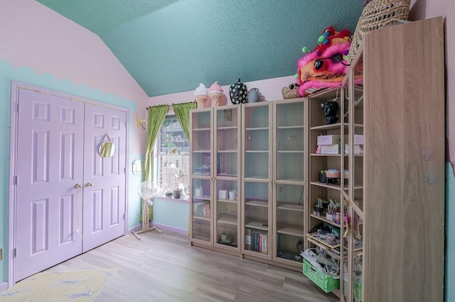 interior space with wood finished floors, a textured ceiling, a closet, baseboards, and lofted ceiling