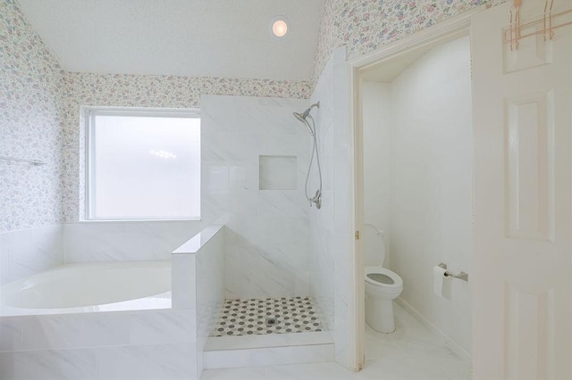 full bath with toilet, a garden tub, wallpapered walls, and a tile shower