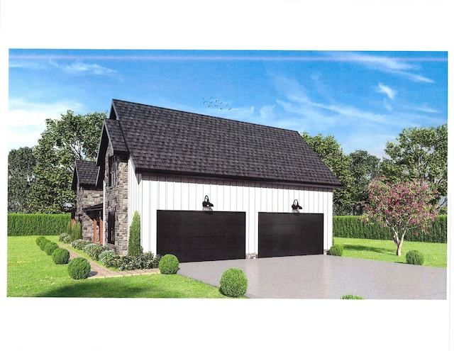 exterior space featuring a front lawn, roof with shingles, stone siding, and board and batten siding