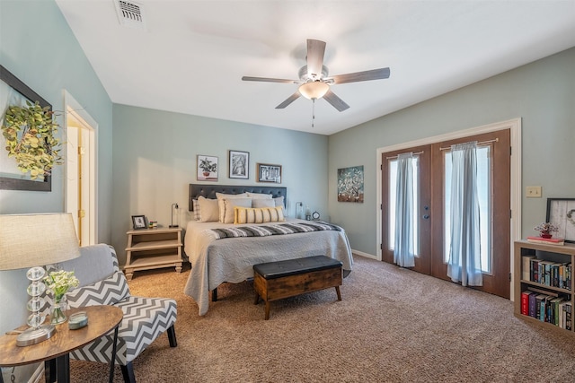 13043 W County Road 4182, Henderson, TX 75654 - bedroom with ceiling fan, french doors, visible vents, and carpet flooring