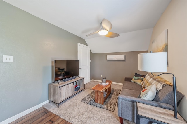 13043 W County Road 4182, Henderson, TX 75654 - living room with vaulted ceiling, wood finished floors, a wall unit AC, baseboards, and ceiling fan
