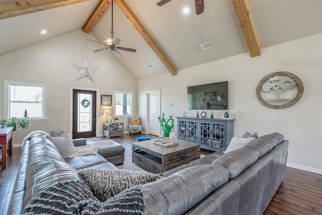 13043 W County Road 4182, Henderson, TX 75654 - living room with wood finished floors, a ceiling fan, beamed ceiling, baseboards, and high vaulted ceiling