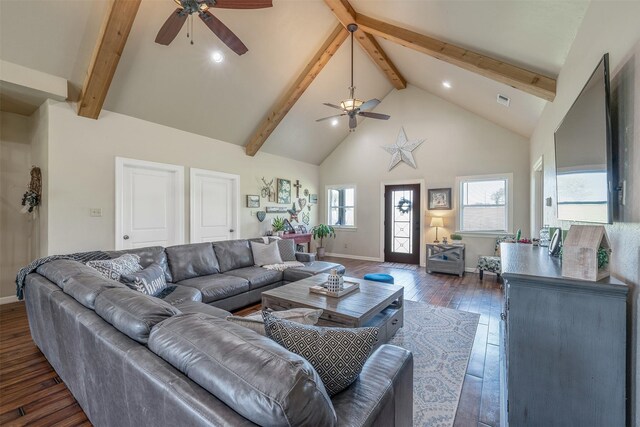 13043 W County Road 4182, Henderson, TX 75654 - living area featuring beam ceiling, dark wood finished floors, baseboards, a ceiling fan, and high vaulted ceiling