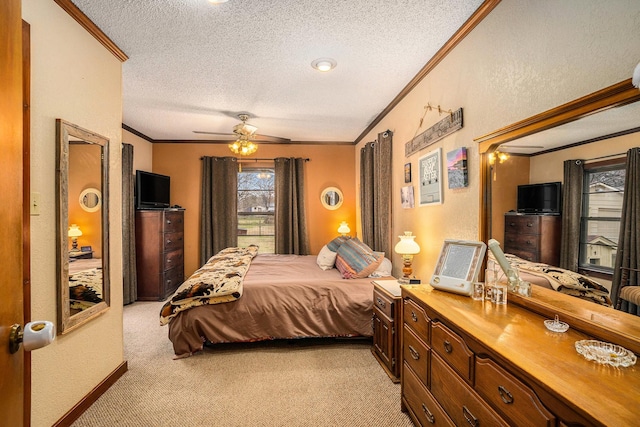 bedroom featuring ornamental molding, a textured wall, a textured ceiling, and light colored carpet
