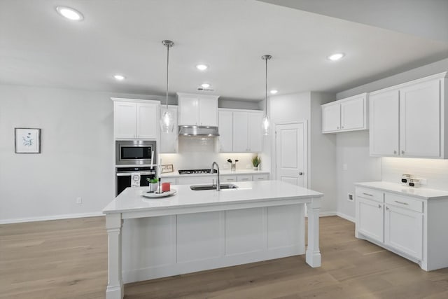kitchen with under cabinet range hood, baseboards, stainless steel appliances, and a sink