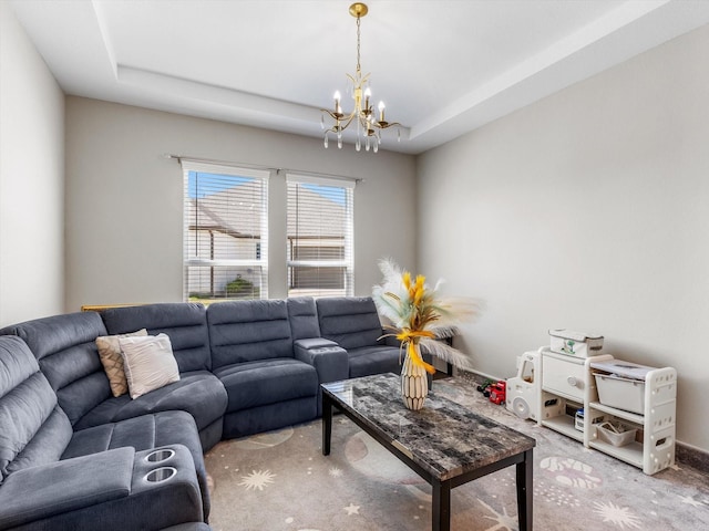 178 Dundee Ct, Argyle, TX 76226 - living room with carpet flooring, a chandelier, and a raised ceiling