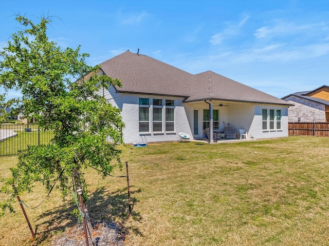 178 Dundee Ct, Argyle, TX 76226 - back of property featuring a fenced backyard, a yard, a patio, brick siding, and ceiling fan
