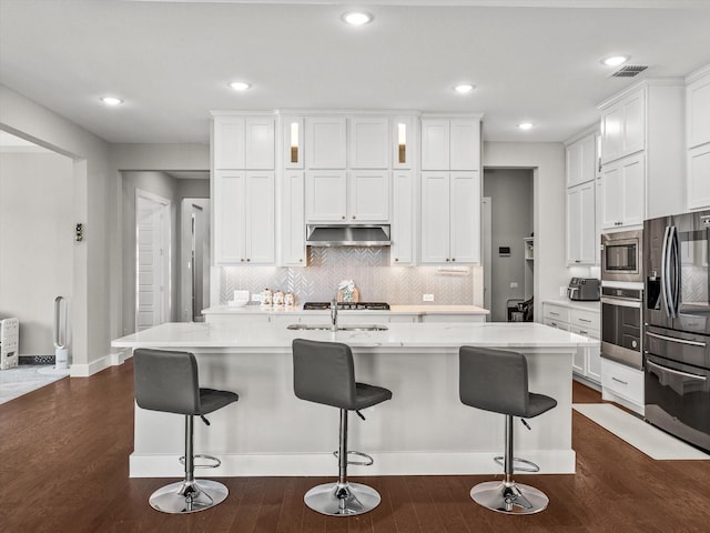 178 Dundee Ct, Argyle, TX 76226 - kitchen with under cabinet range hood, appliances with stainless steel finishes, white cabinetry, and light countertops