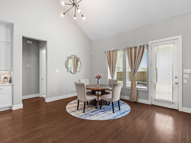 178 Dundee Ct, Argyle, TX 76226 - dining room featuring a chandelier, baseboards, high vaulted ceiling, and dark wood-style flooring