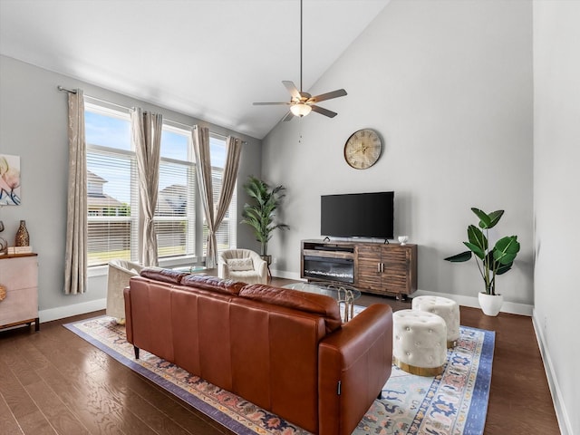 178 Dundee Ct, Argyle, TX 76226 - living area featuring wood finished floors, baseboards, high vaulted ceiling, and ceiling fan