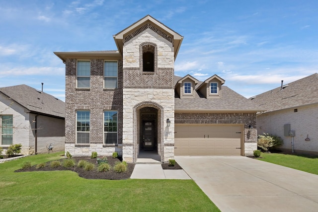 731 Calvin Way, Celina, TX 75009 - french country style house with driveway, brick siding, a front yard, a garage, and stone siding