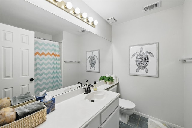 full bathroom featuring toilet, tile patterned flooring, visible vents, and vanity