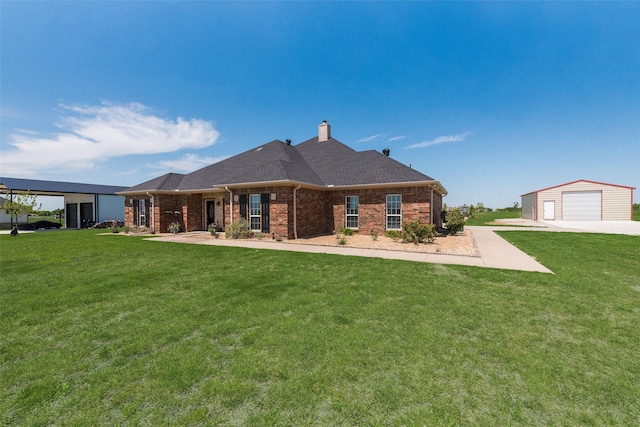 3450 County Road 2156, Caddo Mills, TX 75135 - rear view of house featuring an outbuilding, a lawn, brick siding, and a chimney