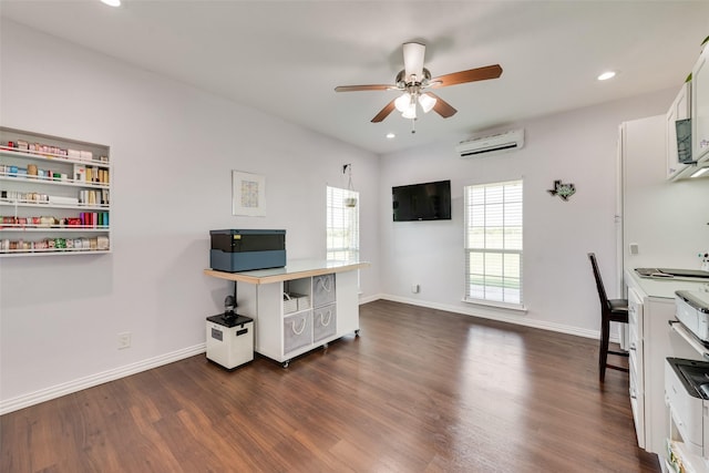 3450 County Road 2156, Caddo Mills, TX 75135 - office space with a wall mounted air conditioner, ceiling fan, dark wood-type flooring, recessed lighting, and baseboards