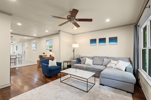 4829 Red Oak Ln, River Oaks, TX 76114 - living room with a ceiling fan, wood finished floors, recessed lighting, and ornamental molding