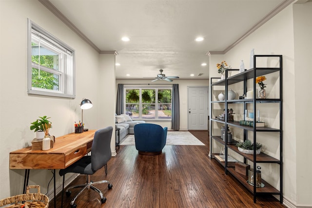 4829 Red Oak Ln, River Oaks, TX 76114 - office area with baseboards, recessed lighting, wood finished floors, ceiling fan, and ornamental molding