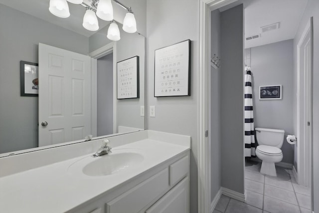 full bath with tile patterned flooring, visible vents, toilet, vanity, and baseboards