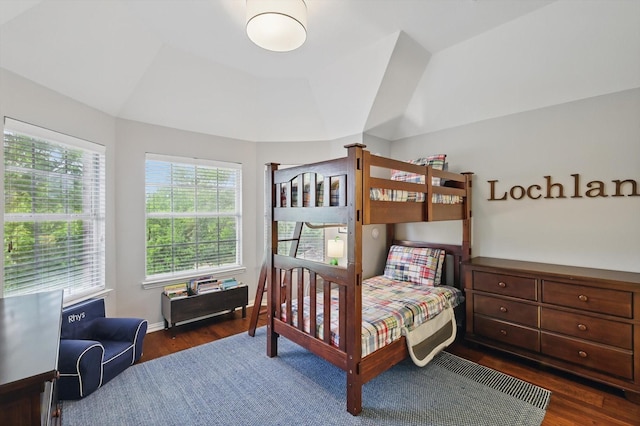 bedroom with vaulted ceiling and dark wood-type flooring