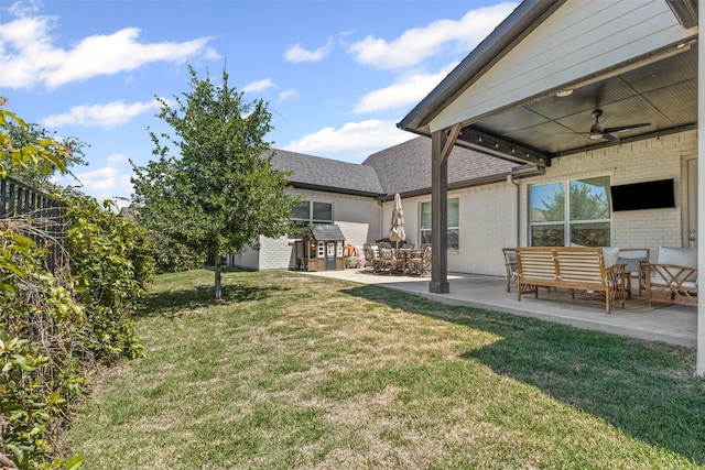 13645 Sweetwalk Pl, Fort Worth, TX 76008 - view of grassy yard with ceiling fan, a patio area, and outdoor lounge area