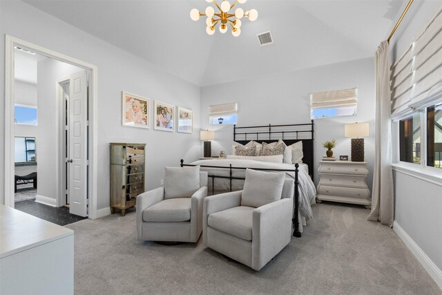 13645 Sweetwalk Pl, Fort Worth, TX 76008 - bedroom featuring carpet, a chandelier, multiple windows, vaulted ceiling, and baseboards