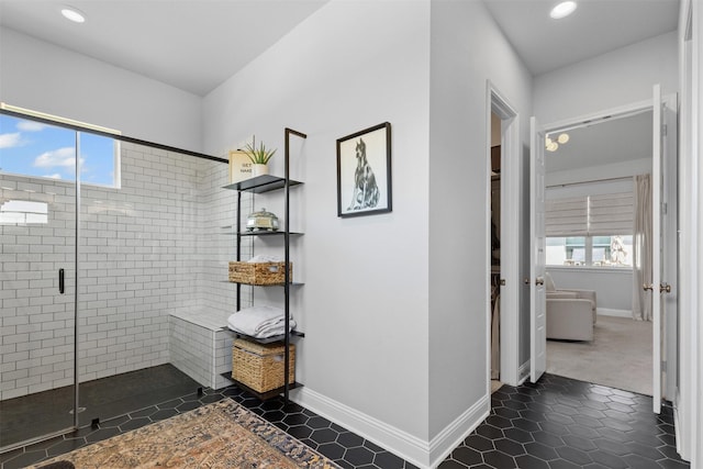 13645 Sweetwalk Pl, Fort Worth, TX 76008 - bathroom with a shower stall, recessed lighting, baseboards, and tile patterned flooring