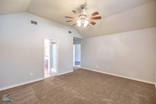 7018 Waterway Ln, Abilene, TX 79606 - carpeted empty room featuring vaulted ceiling, visible vents, baseboards, and ceiling fan