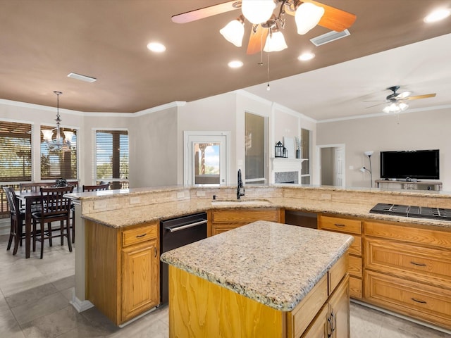 3300 S Bay Breeze Ln, Fort Worth, TX 76179 - kitchen featuring a sink, dishwasher, a kitchen island, crown molding, and a ceiling fan