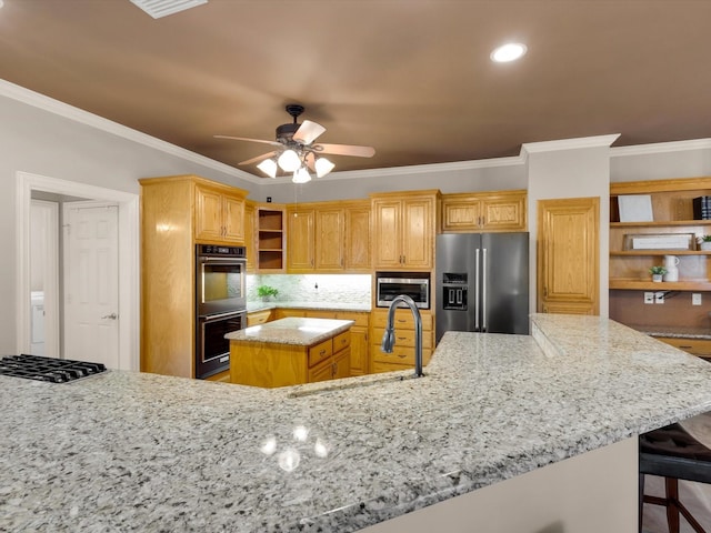 3300 S Bay Breeze Ln, Fort Worth, TX 76179 - kitchen featuring open shelves, appliances with stainless steel finishes, a sink, a kitchen island, and ornamental molding